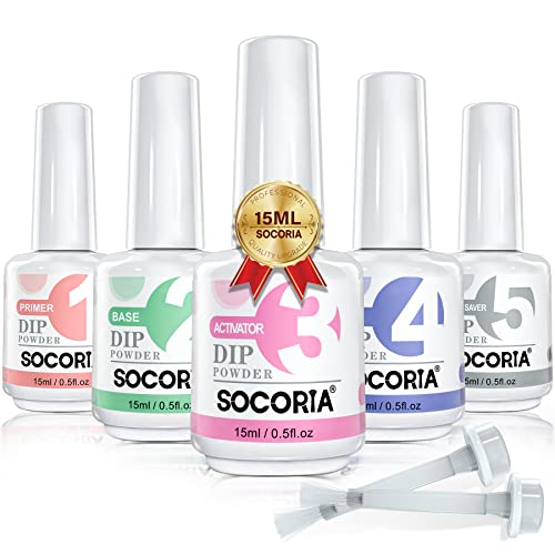 SOCORIA Dip Powder Liquid Set- 15ml/0.5oz Large Capacity Dipping Powder System Essential Set with Bond/Primer, Base & Diamond Shiny Top Coat, Activator, Brush Saver No Need Nail Lamp Cured