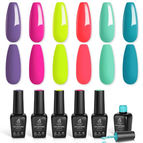 beetles Gel Polish Nail Set 6 Colors Forever Young Collection Turquoise Purple Blue Neon Yellow Hot Pink Manicure Kit Diy Home for Women Girls