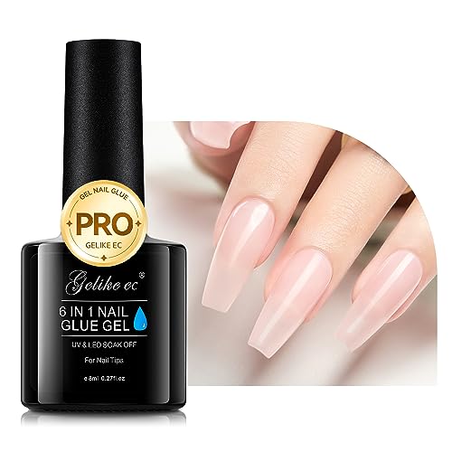 Gelike EC Pink Nail Glue Gel - 6 in 1 Sheer Baby Pink Nail Glue Nail Polish for Clear Acrylic Nail French Manicure,Long Lasting Adhesive UV Nail Glue for Clear Press On Nail Tips,UV Cure Required