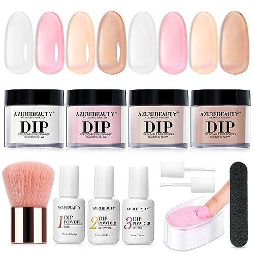 AZUREBEAUTY 12 Pcs Dip Powder Nail Kit, Summer Translucent Jelly Nude Milky White Pink Brown Sheer 4 Colors Dipping Powder Liquid Set with Base/Top Coat Activator for French Nail Art Manicure DIY Gift