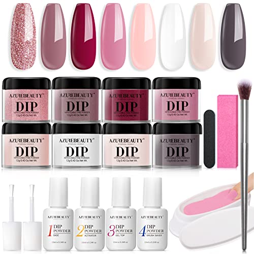 AZUREBEAUTY 18Pcs Dip Powder Nail Kit Starter, 8 Colors Clear Nude Pink Glitter All Season Acrylic Dipping Powder System Essential Professional Liquid Set with Top/Base Coat for French Nail Art Manicure DIY Salon Women