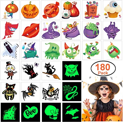 180pcs Assorted Halloween Tattoos, 30 Designs including 36 Glow in the Night Children Tattoos Halloween Trick or Treat Ghost Monster Pumpkin Tattoos