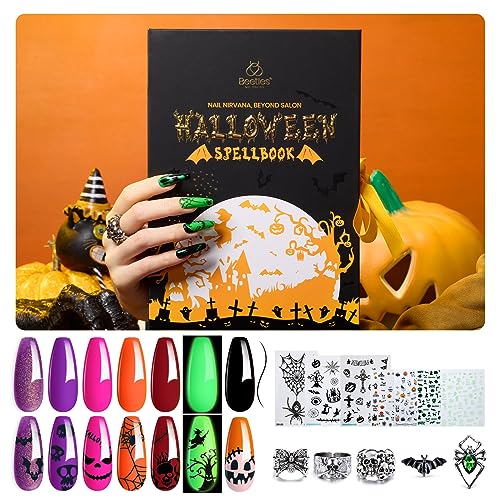 Beetles Gel Nail Polish - Halloween 6 Colors Nail Polish Witches' Spellbook Collection with Liner Gel Nail Stickers and Rings Popular Shimmer Purple Orange Pink Nail Art Design Minicure DIY for Party
