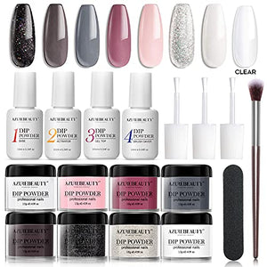 AZUREBEAUTY Nude Gray 8 Colors Dipping Powder Nail Starter Kit Acrylic Dipping Powder System Essential Kit for French Nail Manicure Nail Art Set