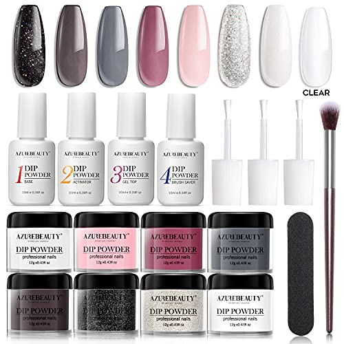 AZUREBEAUTY Nude Gray 8 Colors Dipping Powder Nail Starter Kit Acrylic Dipping Powder System Essential Kit for French Nail Manicure Nail Art Set