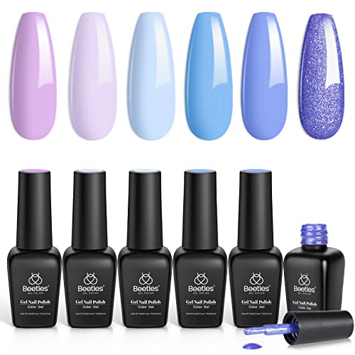 Beetles Gel Nail Polish Kit Spring Summer Colors, Dreamy Aesthetic Collection 6Pcs Gel Polish Trendy Soft Pink Baby Blue Shimmer Gel Nail Art, Gift for Girls DIY Manicure