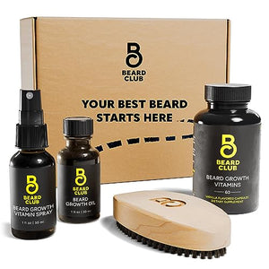 Beard Club Essential Beard Growth Kit - Growth Oil, Growth Vitamins, Growth Vitamin Spray & Beard Brush