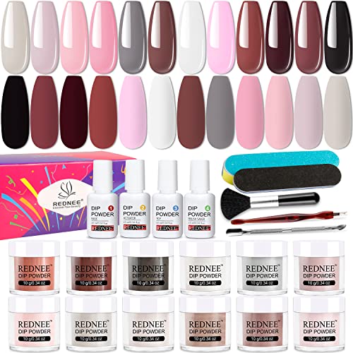 REDNEE 21pcs Dip Powder Nail Kit, 12 Colors Nude Skin Tone Nail Dip Starter Kit with Everything You Need, Long-Lasting Dipping Powder Salon Quality Gift Set for Women RE33