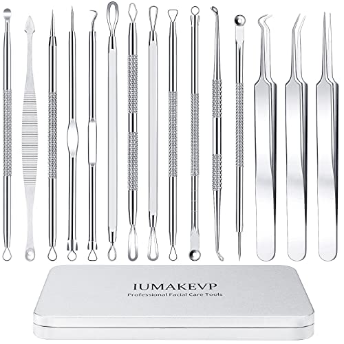Pimple Popper Tool Kit, IUMAKEVP 15 PCS Professional Stainless Steel Blackhead Remover Comedone Extractor Tools for Removing Zit on Face - Acne Removal Kit with Metal Case (Silver)