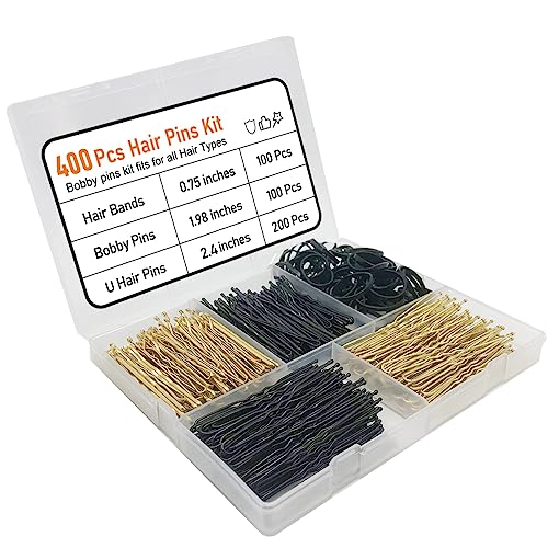 400 Pcs Hair Pins Kit, Including 100 Pcs Bobby Pins, 100 Pcs U Hair Pins, 200 Black Rubber Hair Bands, Hair Pin for Girls and Women, Great for All Hair Types (Black, Gold)