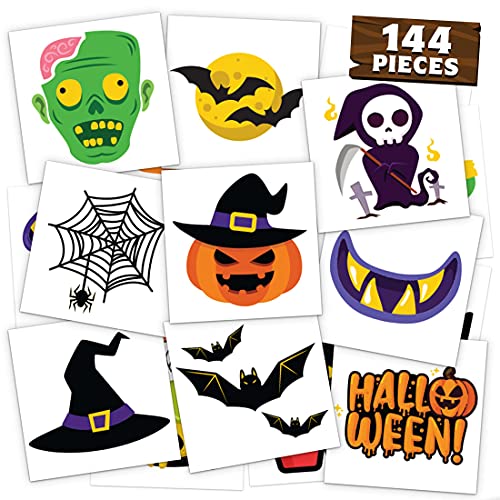 Halloween Temporary Tattoos For Kids Halloween Party Favors for Kids - 144 Pieces in 48 Unique Designs - Bulk Halloween Prizes Assorted Goodies Halloween Tattoos For Kids Goody Bag Stuffers