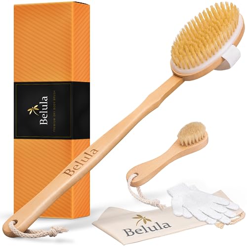 Belula Premium Dry Brushing Body Brush Set- Natural Boar Bristle Body Brush, Exfoliating Face Brush & One Pair Bath & Shower Gloves. Free Bag & How To – Great Gift For A Glowing Skin & Healthy Body