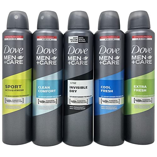 Dove Men + Care Antiperspirant Spray Variety Set, Sport, Clean Comfort, Invisible Dry, Cool Fresh and Extra Fresh Scents, 8.45 Ounce, 5 Count