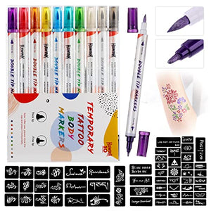 HAWINK Temporary Tattoo Markers for Skin, 10 Body Markers + 56 Large Tattoo Stencils for Kids and Adults, Dual-End Tattoo Pens Make Bold and Fine Lines with Cosmetic-Grade Tattoo Ink ZYH2208001KIT