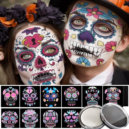 Jim&Gloria Sweat Resistence Black+White Face Paint, 10 Glow In the Dark Face Tattoo, Body Painting Brush Day of the Dead Halloween Sfx Makeup Clown Costume Sugar Skull Skeleton Stickers Kids & Adult