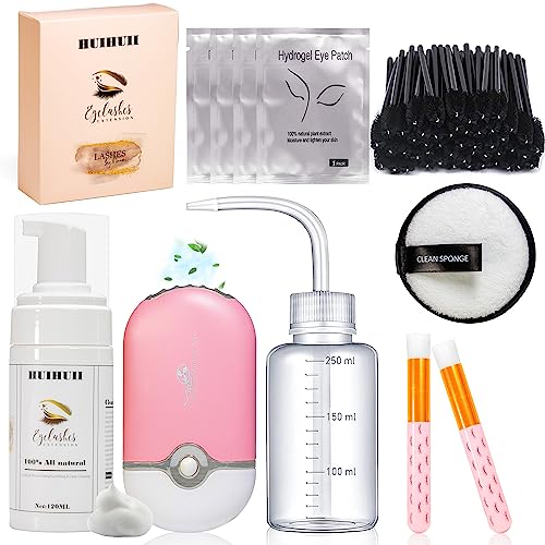 120ml Eyelash Extension Cleanser with USB Fan, Lash Shampoo for Extension with Makeup Remover Pad, 50 Pcs Eyelash Brush, 2 Cleaning Brush and 4 Eye Gel Pads for Salon Home Use, Paraben & Sulfate Free