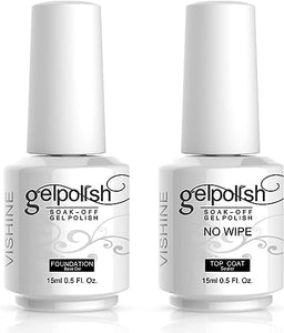 Vishine Soak Off Base Coat + No Wipe Top Coat Set Quick Dry Long Lasting Shine High Gloss Mirror Effect Nail Art 15ML Each Bottle