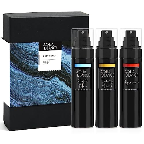 AQUA BLANCE Body Spray For Men, Mens Body Spray, Deodorant For Men Refreshing Fragrance Mist, Pack of 3, Each 3.4 Fl Oz, Tricky Game, Blue, Agiomme