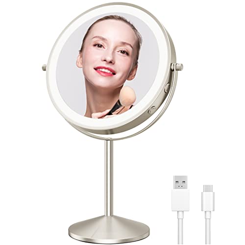 LOMRECS Vanity Mirror with Lights, 1X/10X Magnifying Makeup 8 Inch Rechargeable Double Sided Lighted Mirror, Dimmable Led 3 Color Lighting Modes