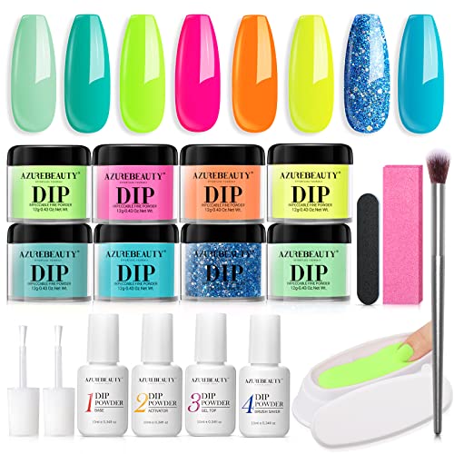 AZUREBEAUTY Dip Powder Nail Kit Starter, Hot Pink Neon Yellow Blue Pastel Colors Acrylic Dipping Powder Liquid Set with Base/Top Coat for Beginners French Nails Art Manicure Salon 18Pcs