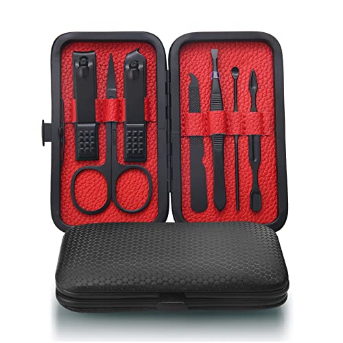 Manicure Set-Stainless Steel Nail Care Set-Professional Ingrown Toenail Clipper Grooming Tool-Pedicure Kit & Toe Nail Cutter-Thick Nail Scissors Toiletries with Cuticle Trimmer (Black 7 In 1)