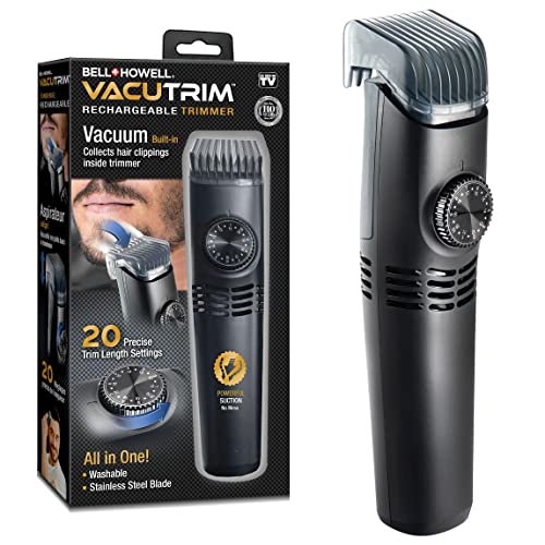 Bell+Howell Vacutrim Cordless Mens Beard Trimmer, Rechargeable Electric Shaver with 20 Trim Setting Calibration Dial and Built-in Vacuum for Mustache, Sideburns. Facial Hair, Black, As Seen On TV