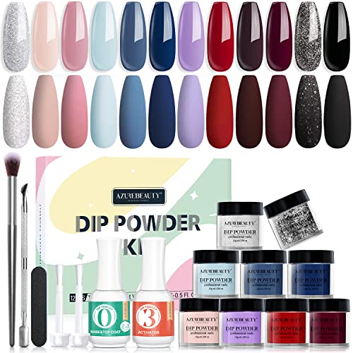 19Pcs AZUREBEAUTY Dip Powder Nail Kit Starter 12 Colors, Pink Blue Nude Winter Dipping Powder System Essential Liquid Set with 2-in-1 Base/Top Coat Ativator for French Nail Art Manicure Salon DIY Home