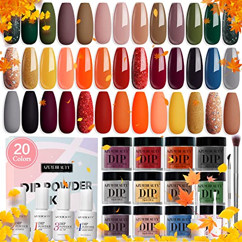 AZUREBEAUTY 20 Colors Dip Powder Nail Kit Starter - All Seasons Series, Fall Autumn Gold Yellow Green Colors Dipping Powder Liquid Set with Base/Top Coat for Nails Art Manicure Gift Beginner DIY Salon