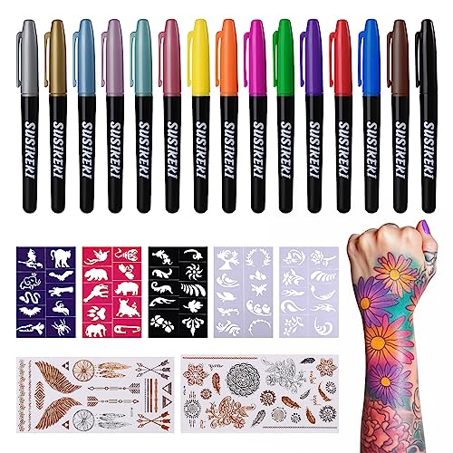 SUSIKEKI Temporary Tattoo Markers for Skin, 15 Colors Tattoo Pen + 50 Paint Stencils + 43 Tattoos Stickers, Glitter & Matte & Neon UV Glow Body Marker Set, Removable Fake Tattoos Kit for Teens and Adult