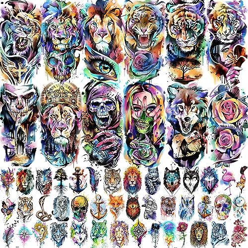 VANTATY 55 Sheets 3D Watercolor Temporary Tattoos For Women Men Adults Arm, Tiger Lion Skull Skeleton Fake Tattoos That Look Real And Last Long, Long Lasting Colorful Halloween Wolf Rose Flower Temp Tattoo Stickers For Kids Teens
