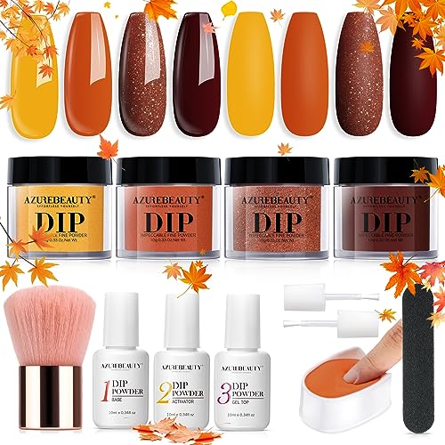 AZUREBEAUTY Dip Powder Nail Kit Starter, Fall Winter Yellow Orange Brown Glitter 12 Pcs 4 Colors Acrylic Dip Powder Liquid Set with Base/Top Coat Activator for French Nail Art Manicure DIY Gift