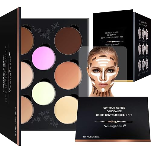 Youngfocus Cosmetics Cream Contour Best 8 Colors and Highlighting Makeup Kit - Contouring Foundation/Concealer Palette - Vegan, Cruelty Free & Hypoallergenic - Step-by-Step Instructions Included