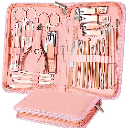 Manicure Set Pedicure Kit Womens Nail Clippers Set 32 in 1 Professional Grooming Care Tools Nail Kit Including Facial, Fingernails and Toenails Care (Rose pink)