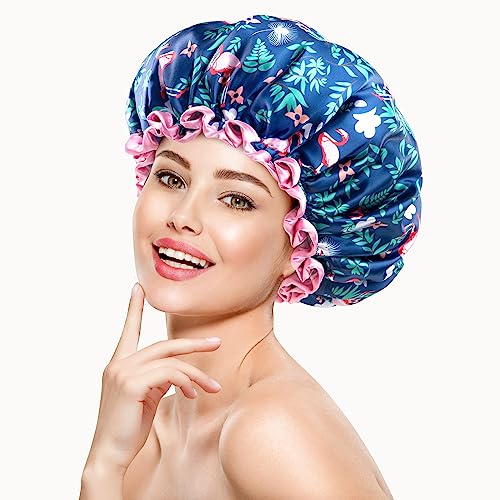 mikimini Flamingo Large Shower Caps Pack of 2, Shower Cap for Women Long Hair with Pink Lace, Reusable Waterproof Blue Shower Hat for Girls