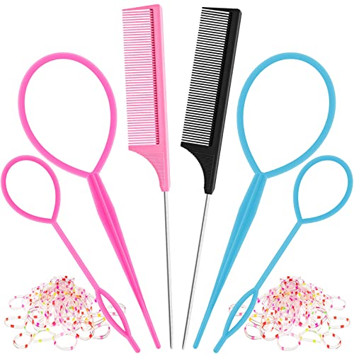 6Pcs Hair Loop Tool Set with 4 Tail Tools French Braid 2 Metal Pin Rat Comb for Styling, 100 Colored Children Rubber Bands. Schembo