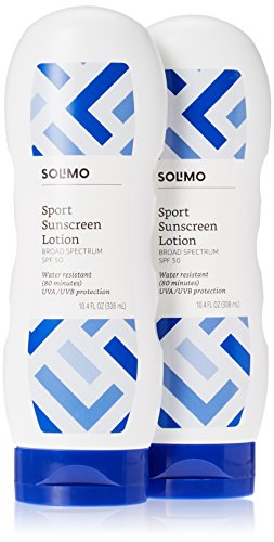 Amazon Brand - Solimo Sport SPF 50 Sunscreen Lotion, Water Resistant 80 Minutes, 10.4 Fluid Ounce (Pack of 2)