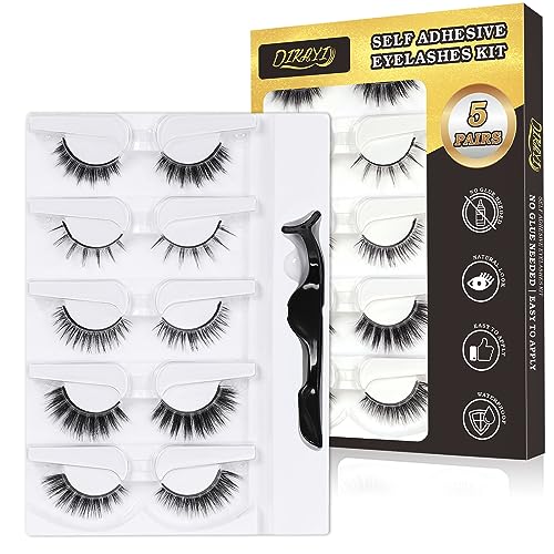Reusable Self Adhesive Eyelashes Without Glue - 5 Pairs Natural Fluffy False Eyelashes - Soft and Natural Look Lashes with Tweezers - No Glue Needed! Gift for Beginners - Waterproof and Mink Pre-Glued Lash Kit with Self-Sticking Technology