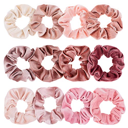 Whaline 12Pcs Blush Theme Scrunchies Velvet Elastics for Women Pink Bobbles Soft Lovers Scrunchy Classic Thick Hair Bands Ties Gifts for Teenage Girls