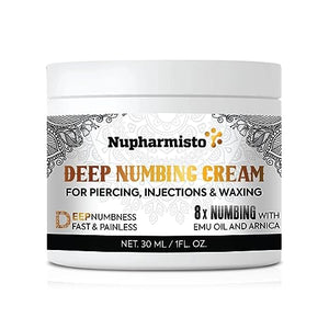 Nupharmisto Deep Numbing Cream for Piercing, Injections& Tattoos, Fast Numbing for Waxing, 7 Hours Maximum Strength Painless Numbing Cream for Injections, 8x Numbing with Emu Oil and Arnica. 30ml/1oz