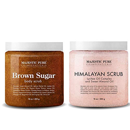 Majestic Pure Himalayan Salt Body Scrub & Brown Sugar Scrub Set. All Natural Scrubs for Skin Care. Exfoliate and Moisturize, Stretch Marks, Acne & Cellulite