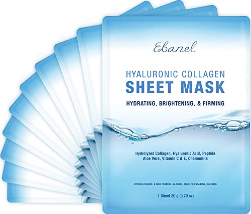 Ebanel 10 Pack Collagen Face Mask, Instant Brightening & Hydrating Face Sheet Mask with Aloe Vera, Hyaluronic Acid, Vitamin C and E, Chamomile, Anti Aging Face Mask with Hydrolyzed Collagen, Peptide