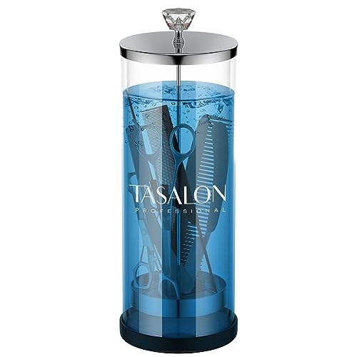 TASALON Barber Jar (45.5 oz) with Crystal Handle - Disinfectant Jar for Salon, Spa and Manicure Shop - Durable Glass and Sterilizing Container with Removable Stainless Steel Basket - Large