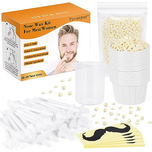 120g Nose Wax Kit for Men Women, Yovanpur Nose Hair Waxing Kit with More Nose Hair Wax Beads (20-30 USES), 30 Applicator, 15 Mustache Protector, 15 Paper Cups, 1 Measuring Cup - Easy and Quick