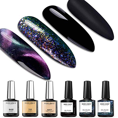 modelones Cat Eye Gel Nail Polish, Glitter Black Galaxy Chameleon Magnetic Gel Nail Polish Matte Top Coat Base Coat with 1 Magnet Stick Dark Color Series for Nail Art 6Pcs 10ml