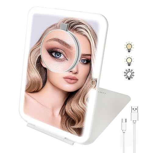 LUKYMIRO Rechargeable Travel Lighted Makeup Mirror with 10X Magnification, Foldable Compact Lighted Vanity Mirror with Lights, 78 LEDs 3 Colors Light Modes Tabletop Beauty Mirror for Travel