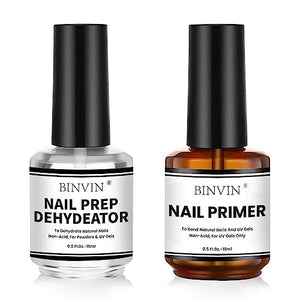 Binvin Gel Nail Polish Nail Dehydrator and Primer, 15ml Acid Free Natural Nail Prep Dehydrator & Bond Primer, Air Dry Superior Bonding Primer for Acrylic Powder Nail Supplies Set