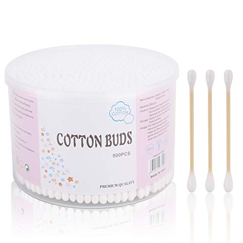 500pcs Cotton Swabs Double Round with Natural Wooden Sticks, Thick Cotton Buds for Daily Use Firm Qtips Cotton Swabs in One Small Box