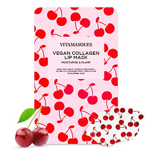 Lip Mask, Cherry Vegan Collagen by Vitamasques, 3-Pack - Lip Plumper is Moisturizing, Repairing for Dry & Chapped Lips - Nourishing & Hydrating - Wild Cherries & Hyaluronic Acid - Vegan & Cruelty-Free
