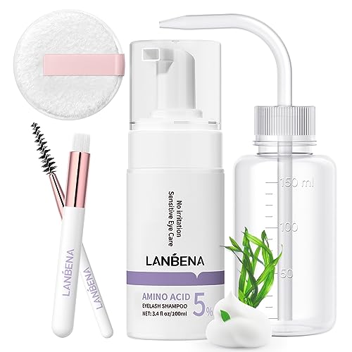LANBENA Lash Shampoo Kit for Lash Extensions 100ml, Eyelash Extension Cleanser, Amino Acid Lash Wash Soap Mousse Bath for Sensitive Skin, Eyelid Foam for Makeup Mascara Remover, Paraben & Sulfate Free
