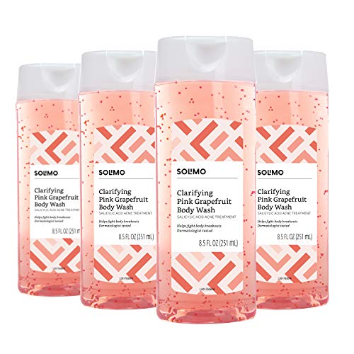 Amazon Brand - Solimo Clarifying Pink Grapefruit Body Wash, 2% Salicylic Acid Acne Treatment, Dermatologist Tested, 8.5 Fl Oz (Pack of 4)